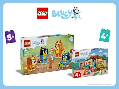 selection of Bluey LEGO sets on the white background 