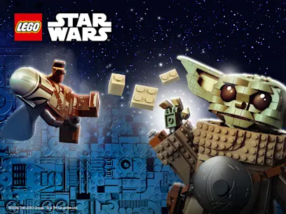 LEGO Star Wars Grogu figure and LEGO Mandalorian figure on a dark space themed background.