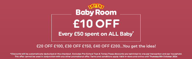 £10 Off Every £50 category banner white text on the red background