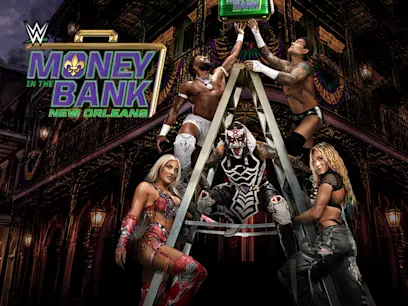 WWE Money in the Bank promotional image set in New Orleans, showing five wrestlers around a ladder with the Money in the Bank briefcase above, against an ornate nighttime building backdrop.