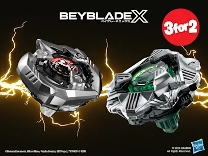 3 for 2 on Beyblade X Spinning Top Pack Assortment on the black background 