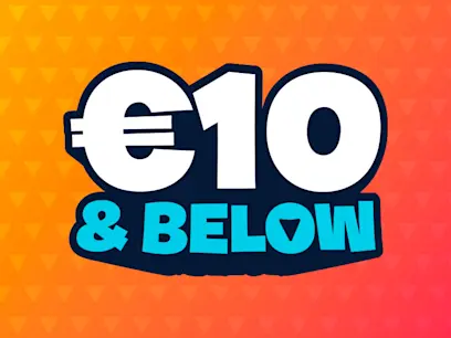€10 & Below logo on a red and orange gradient background