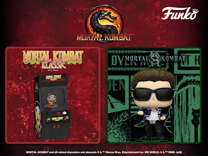 Funko POP! Movies Mortal Kombat II Johnny Cage figure and Funko Bitty POP! Arcade Display set on a dark red background.