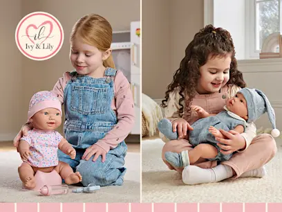 Two children playing with the Ivy & Lily Luca Realistic Baby Doll 46cm and Ivy & Lily Time for Potty Baby on a rug in a bright room.