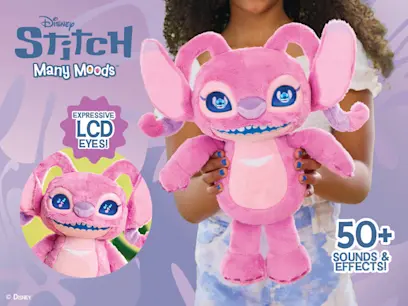 A girl holding the Disney Stitch Many Moods Angel 35cm Interactive Plush against a purple background.
