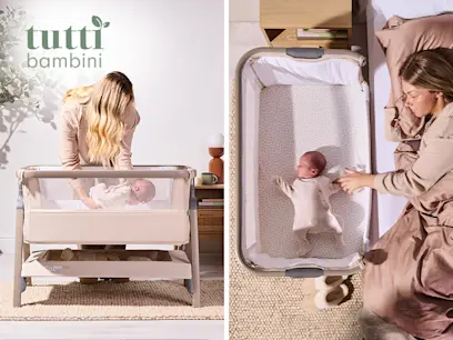 two different variants of Tutti B CoZee Lite Bedside Crib - Latte on the indoor bedroom background