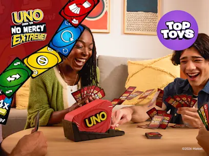 A group of friends playing the UNO Show Em No Mercy Extreme game at a table in a living room.