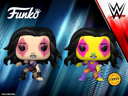 Funko POP! WWE 193: Rhea Ripley Chase different styles on a WWE themed background