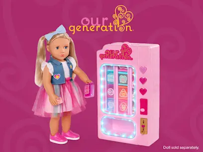 Our Generation Snacktime Fun Vending Machine Playset on the pink background