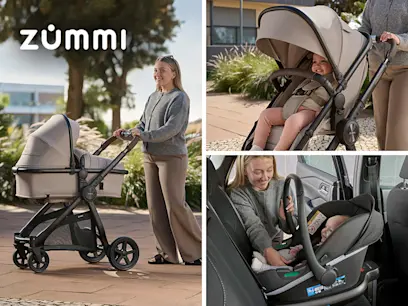3 images of Zummi Panorama XTi 2-in-1 Travel System with EnfaSafe i-Size Car Seat Nougat & i-Size 180° Spin Base on the outdoor background