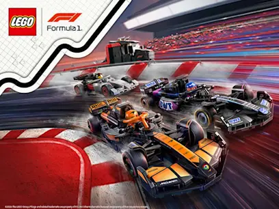 LEGO Formula 1 sets on a high speed race track themed background.