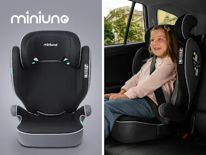 two images of miniuno Tripiie i-Size R129 Belt-Fitted High-Back Booster Seat on the grey background 