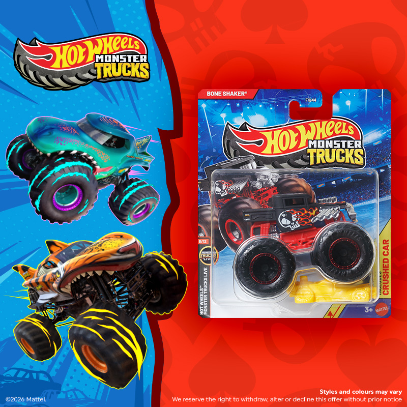 Hot Wheels Monster Trucks logo with teal and tiger-striped trucks, alongside a boxed "Bone Shaker" red truck toy with crushed car accessory; styles and colours may vary.