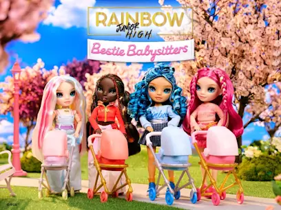 selection on NEW Rainbow High Bestie Babysitters dolls on the colourful background 