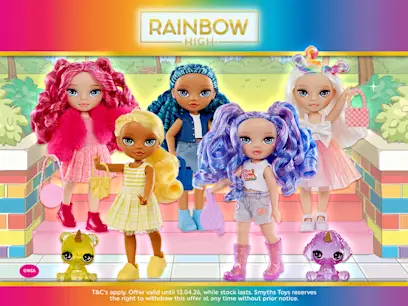 Five Rainbow High Littles Dolls on a colourful background.
