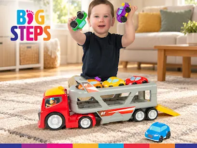 “BIG STEPS” promotional image showing a young child holding two toy cars beside a large red-and-grey car transporter truck loaded with colourful cars, with another blue toy car on the floor.