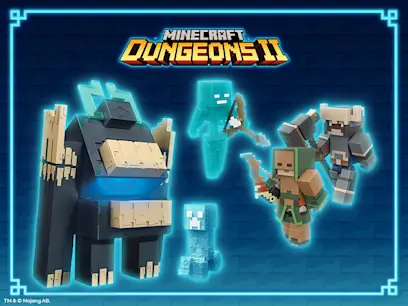 Minecraft Dungeons II promotional graphic showing a large armored golem and four blocky characters, including glowing blue figures, against a dark blue pixel-art background. The Minecraft Dungeons II logo appears at the top.