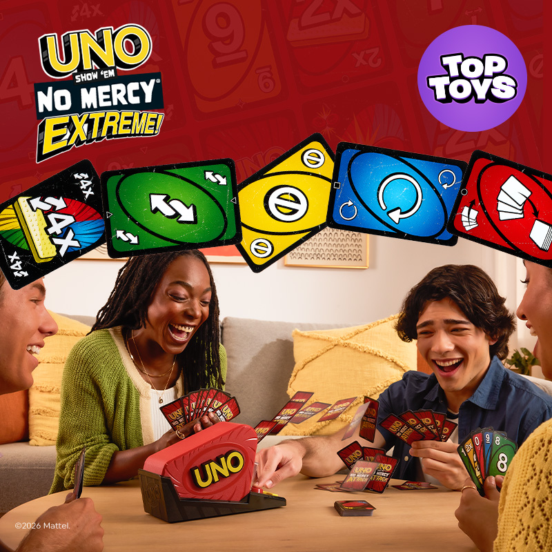 UNO Show 'Em No Mercy Extreme on the red background with top toys callout 