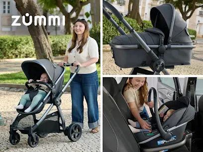 different variants of  Zummi Panorama XTi 2-in-1 Travel System with EnfaSafe i-Size Car Seat Pewter on the outdoor background