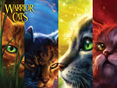 Four Warrior Cats on a colourful background from the animation.