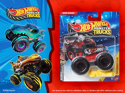 Hot Wheels Monster Trucks promotional image featuring two illustrated monster trucks on the left and a packaged Bone Shaker die-cast truck on the right against a bold blue and red background.
