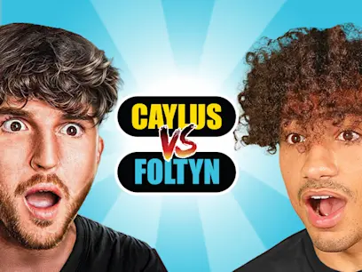 Caylus Vs Foltryn influencers on a bright blue background.