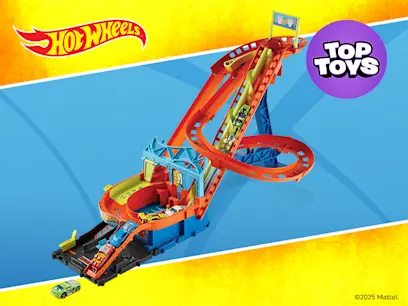 A Hot Wheels City Roller Coaster Rally Playset with 5 Diecast Cars on a blue and yellow background with the Hot Wheels logo in the top left corner and top toys logo in the top right corner.