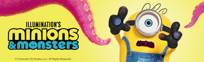 Minions character and logo on a yellow background