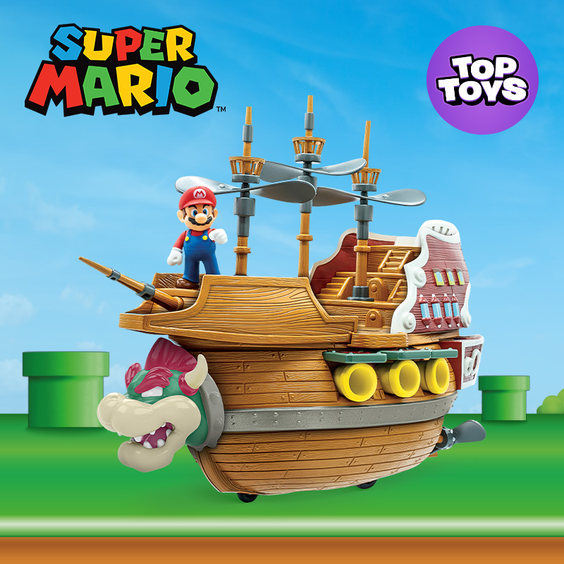 The Nintendo Super Mario Playset Bowser's Airship Deluxe on a blue and green background.