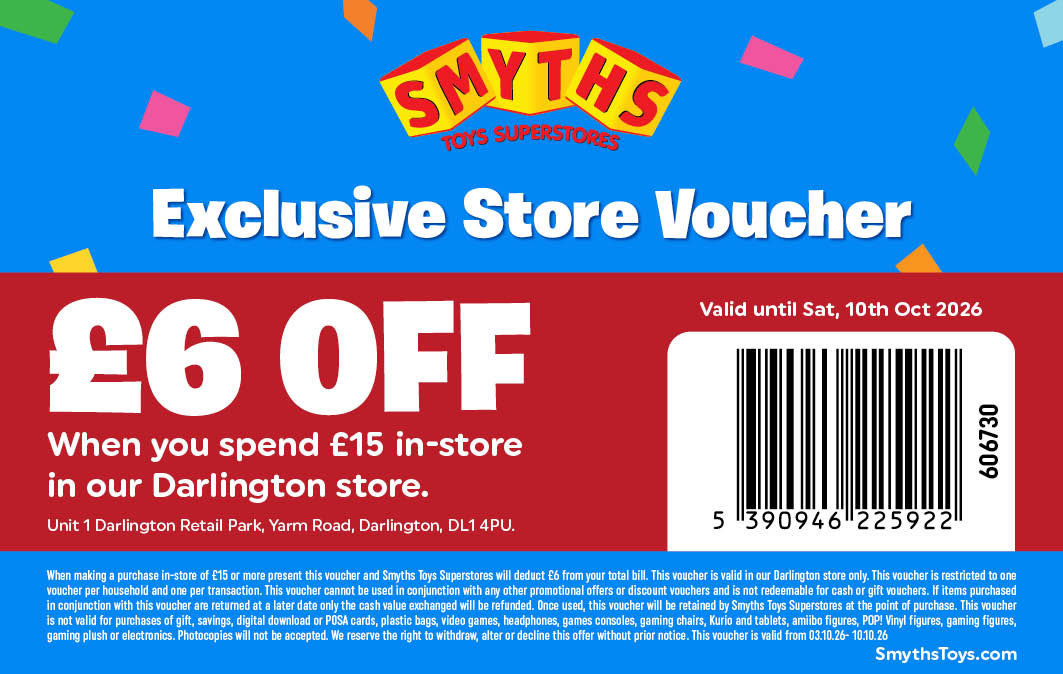 Smyths Toys Superstores exclusive store voucher offering £6 off when spending £15 in-store at the Darlington store. The voucher is valid until 10 October 2026 and includes a barcode and terms and conditions.