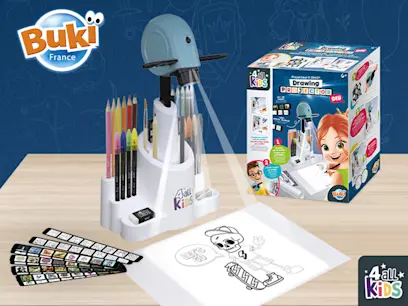 A Buki 4All Kids drawing projector set with a projector and pencil holder, coloured pencils, drawing cards and a projected skeleton illustration. The product box is displayed on the right against a blue background.