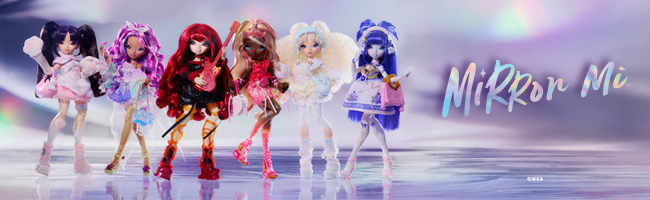 A selection of Mirror Mi dolls on a colourful background.