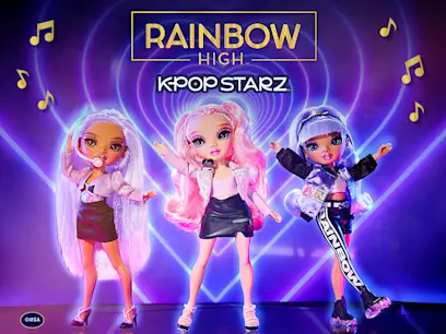 Three Rainbow High K-Pop Starz Dolls on a blue spiral design background