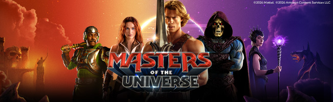  Masters of the Universe movie characters on a movie themed background.