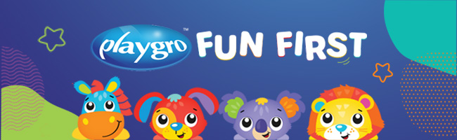 selection of Playgro toys on the dark blue background 