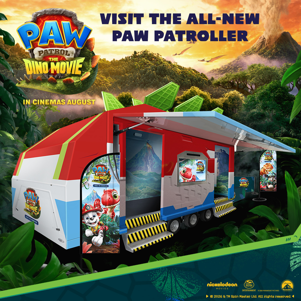Colorful Paw Patrol Dino Movie promotional trailer set in a jungle, featuring characters and vibrant graphics.