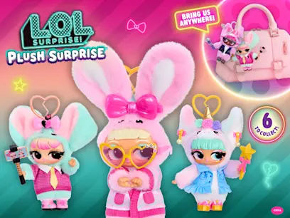 Three L.O.L. Surprise! Plush Surprise Dolls on a striped pink and green gradient background.