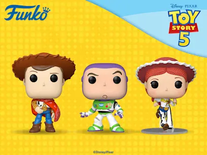 Three Funko POP! Disney Pixar Toy Story 5 figures on a yellow textured background with Toy Story 5 logo