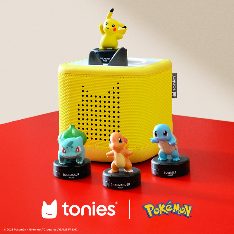 Tonies and Pokémon promotional image showing a yellow speaker with a Pikachu figure on top, alongside Bulbasaur, Charmander and Squirtle Tonies. Tonies and Pokémon logos appear at the bottom.