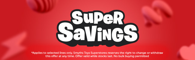 Super savings white text with black outline on a red background