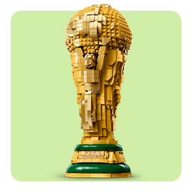 The LEGO Editions 43020 FIFA World Cup Official Trophy Set on a light green background.