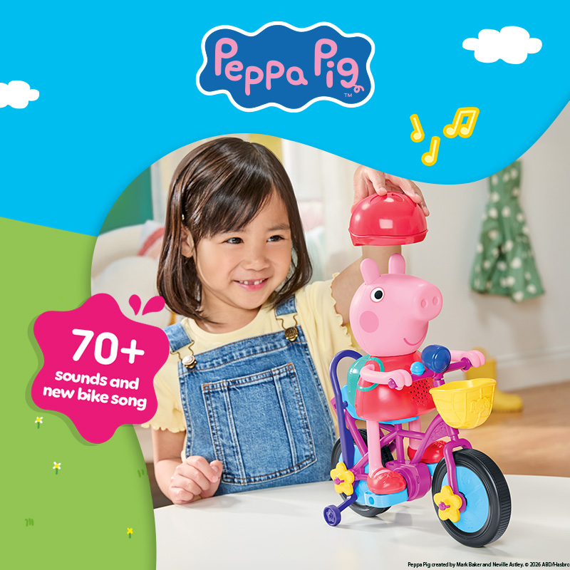 Promotional image for a Peppa Pig toy: a smiling child plays with a Peppa Pig tricycle toy while lifting a red helmet. Text reads “70+ sounds and new bike song,” with the Peppa Pig logo and music notes on a blue background.
