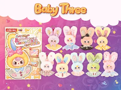 Baby Three “Kawaii Sweet Rabbit” plush collection displayed on a pink and purple background, featuring nine bunny plush keychains in colorful outfits and a boxed plush with a large bow.
