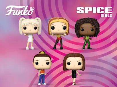 A selection on spice girls funko pop on the pink background.
