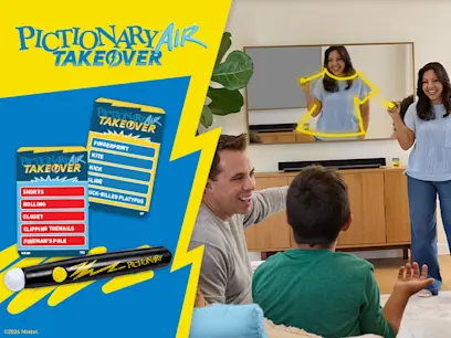 New Pictionary Air Takeover Game showed on the blue and yellow background 