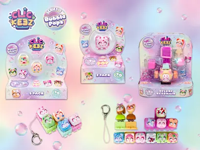 selection of Clickeez toys on the purple pink background