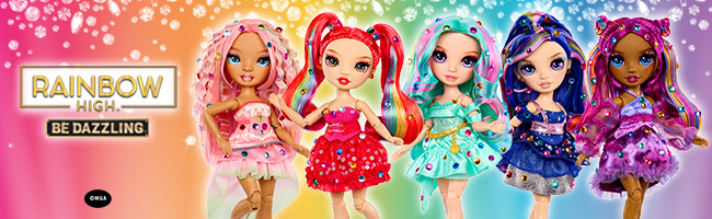 Five of the Rainbow High Be Dazzling Dolls on a brightly coloured background with gem stones at the top.
