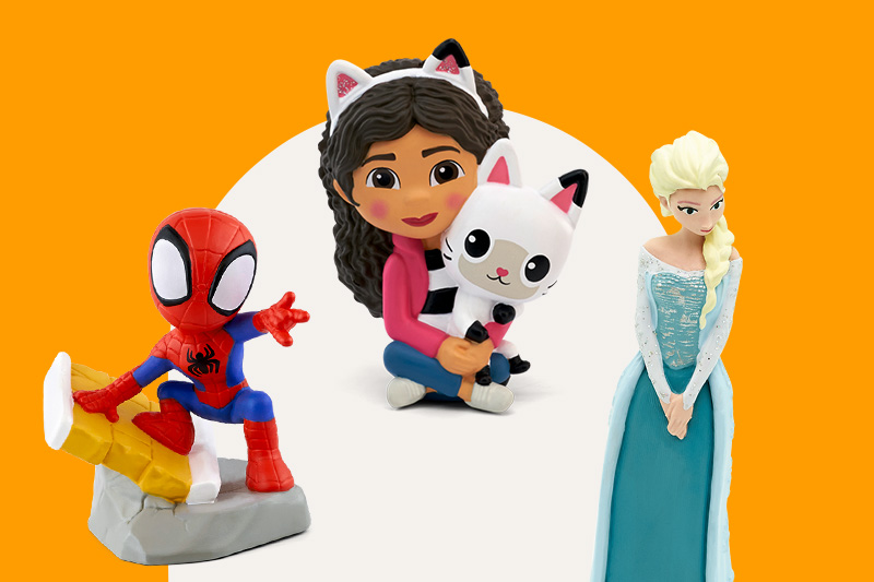 Tonies Audio Character The Gruffalo, Disney Elsa and Spider-Man on a pale blue background