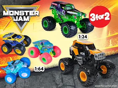 selection of Monster Jam vehicles with 3 for 2 red decal 