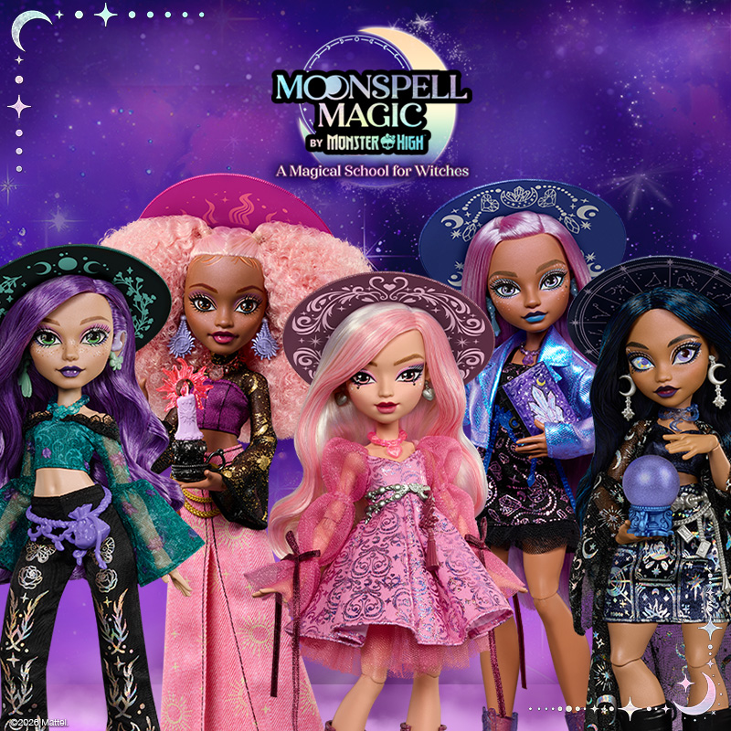Moonspell Magic by Monster High Dolls in a row on a colourful background.